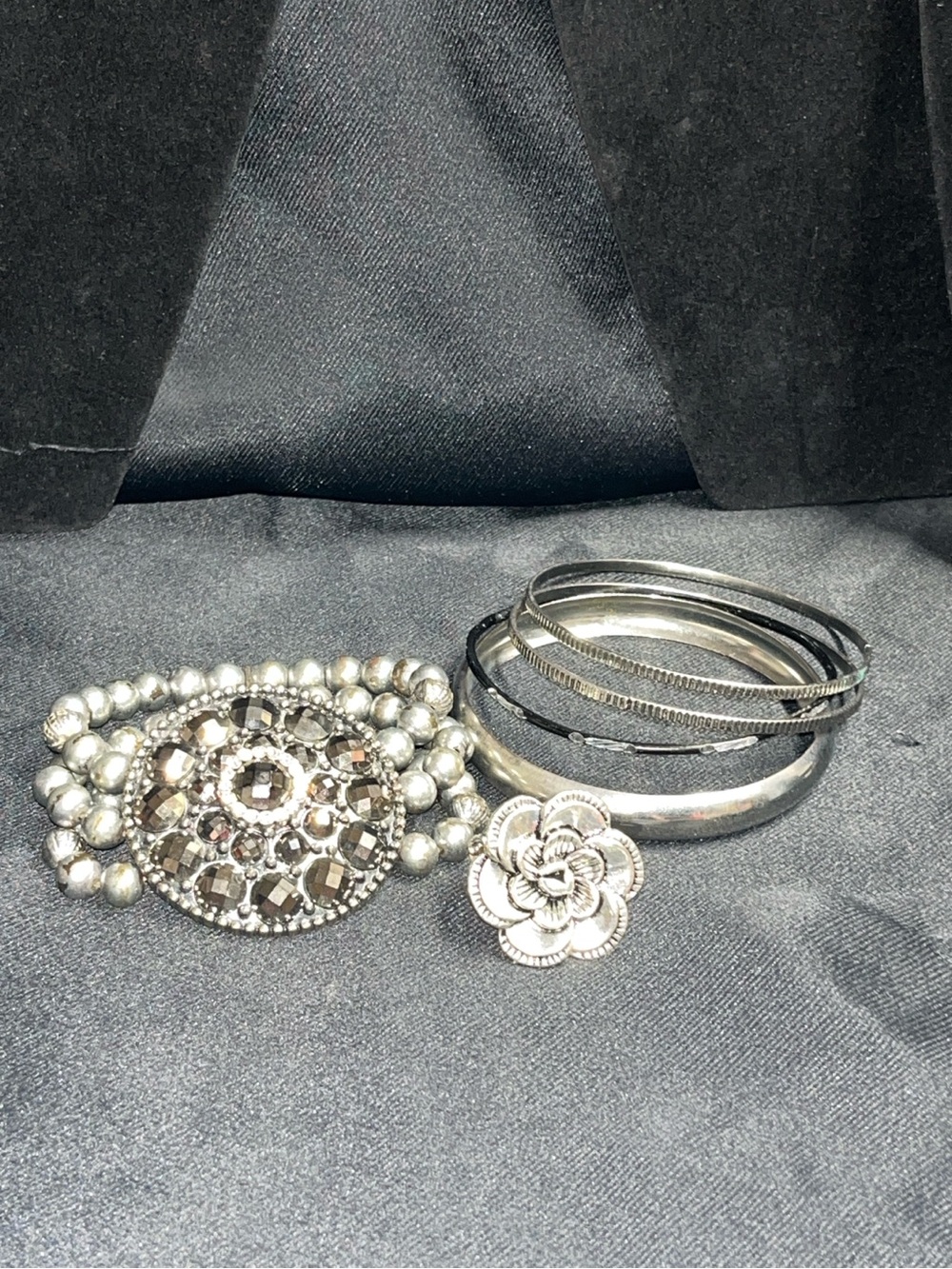 Silver-Tone Floral & Crystal Bracelet Set - Elegant Women's Jewelry